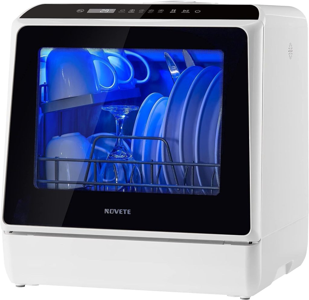 NOVETE Portable Countertop Dishwashers, Compact Dishwashers with 5 L Built-in Water Tank & Inlet Hose, 5 Washing Programs, Baby Care, Air-Dry Function