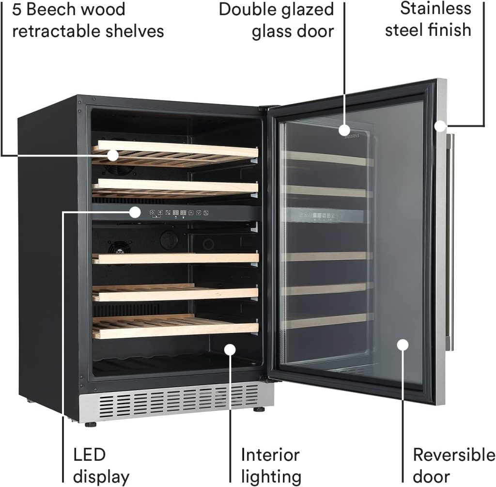 Everdure 46 Bottle Luxury Wine Cooler & Beverage Refrigerator, Built in or Free-Standing, Dual Zone, Stainless Steel with Reversible Glass Door, Beech
