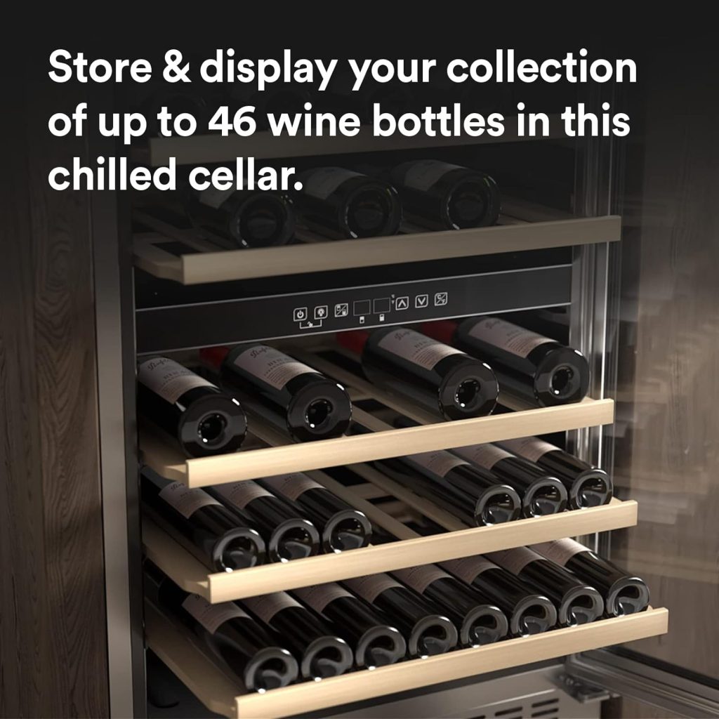 Everdure 46 Bottle Luxury Wine Cooler & Beverage Refrigerator, Built in or Free-Standing, Dual Zone, Stainless Steel with Reversible Glass Door, Beech