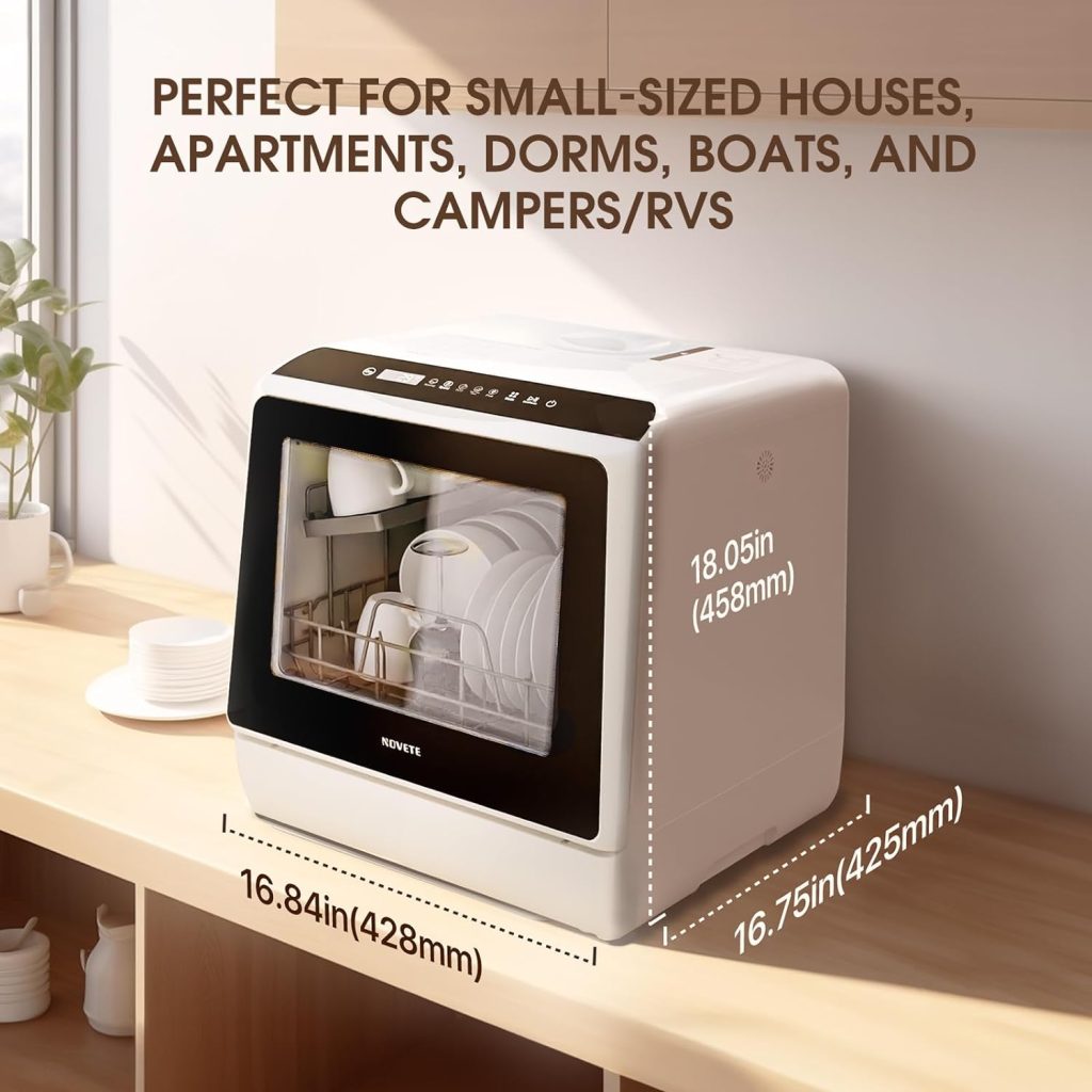 
NOVETE Portable Countertop Dishwashers, Compact Dishwashers with 5 L Built-in Water Tank & Inlet Hose, 5 Washing Programs, Baby Care, Air-Dry Function