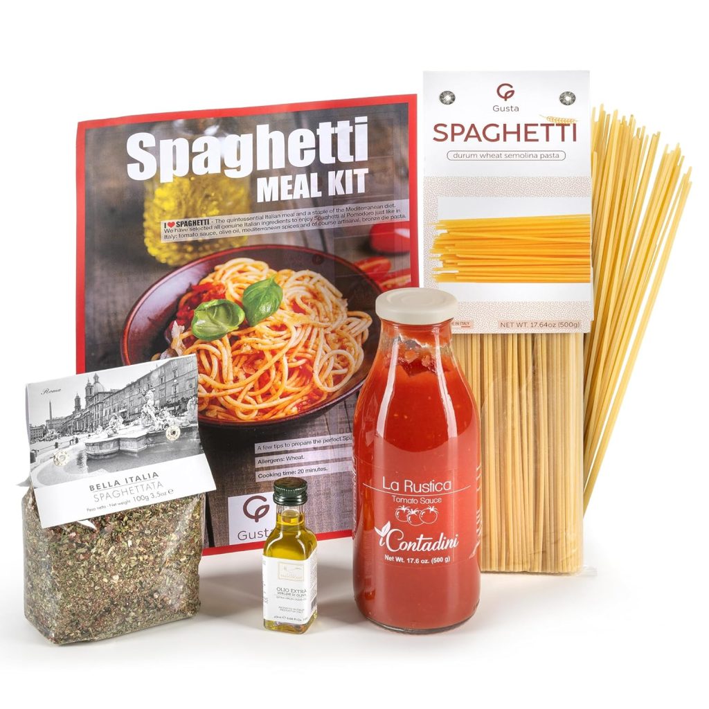 Gusta Tomato Spaghetti Pasta Meal Kit - Made in Italy - Gourmet Italian Food Lovers - Italian Gift Basket Gourmet Pasta - Authentic Thin Spaghetti Noodles - Makes 5 Meals with Recipe Booklet