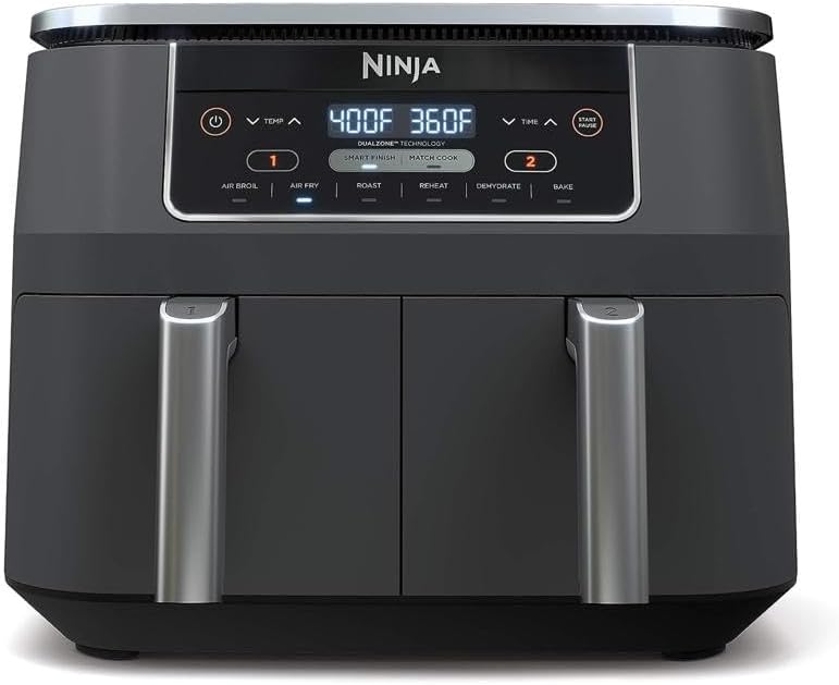 Ninja DZ201 Foodi 8 Quart 6-in-1 DualZone 2-Basket Air Fryer with 2 Independent Frying Baskets, Match Cook & Smart Finish to Roast, Broil, Dehydrate