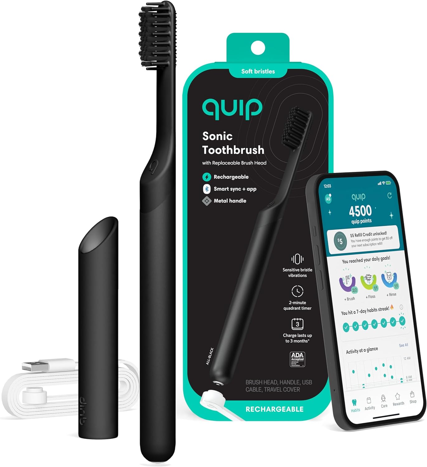 Quip Rechargeable Smart Sonic Toothbrush for Adults - Timed Electric Toothbrush with Bluetooth & Rewards App - Replaceable Brush Head, Soft Bristles, Metal Handle - Travel Toothbrush - All-Black