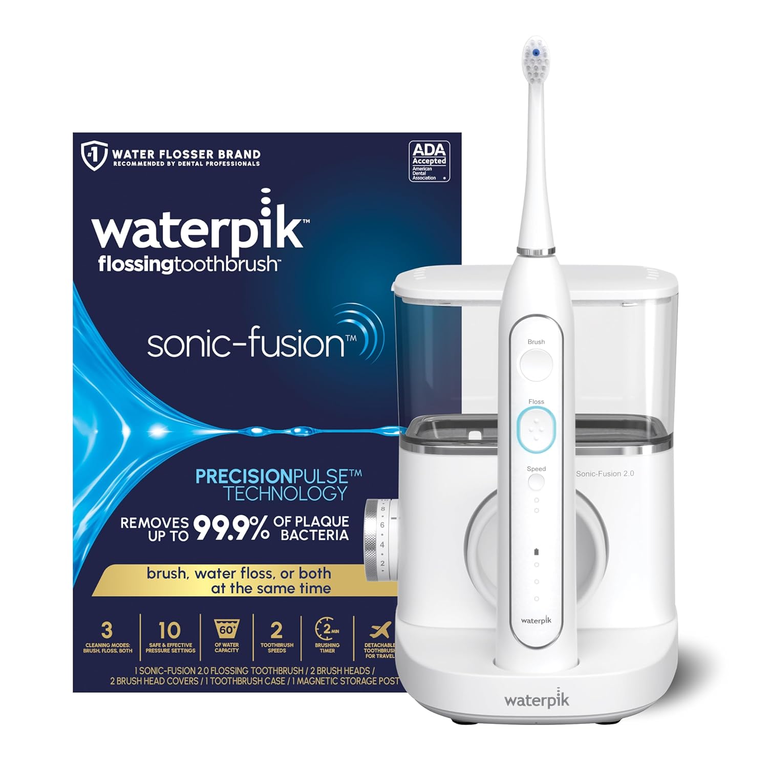 Waterpik Sonic-Fusion 2.0 Professional Flossing Toothbrush, Electric Toothbrush and Water Flosser Combo In One, White SF-04