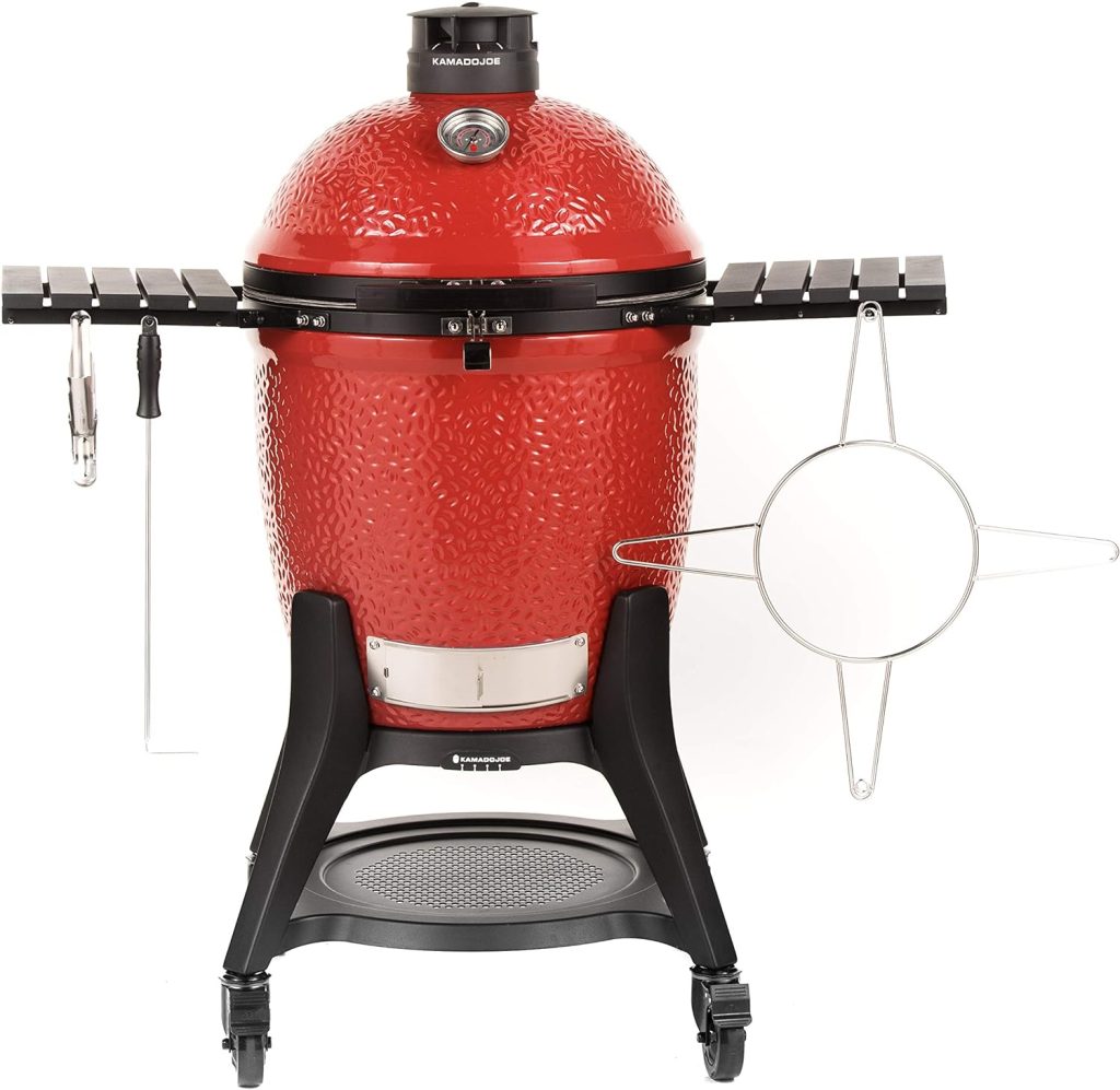Kamado Joe® Classic Joe™ Series III 18-inch Charcoal Grill & Smoker, Red, with Cart, Side Shelves, Grill Gripper, and Ash Tool, 3 Tier Cooking System